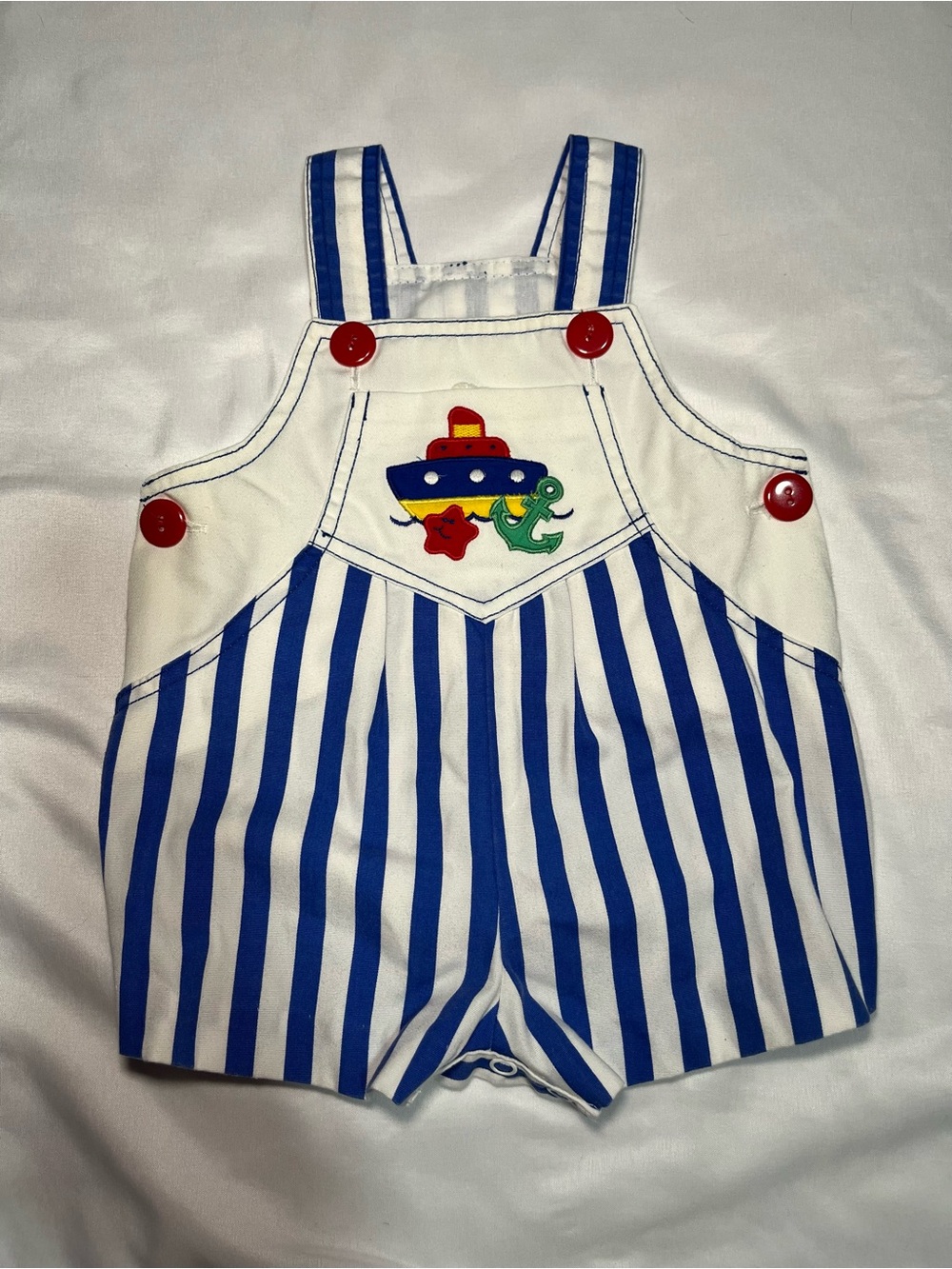 Vintage Infant Blue White Striped Sailboat Overalls Colorblock 0-3M